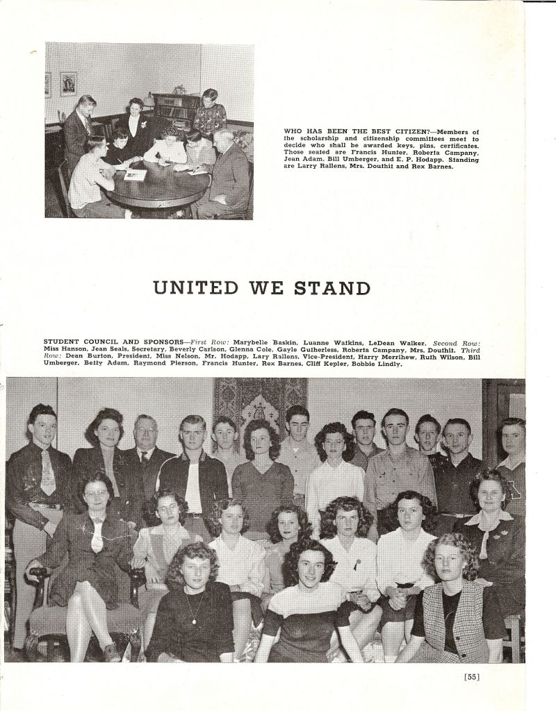 1947 Francis Hunter, Roberta Campany, Jean Adams, Bill Umberger, Hadapp. Larry Rallens, Douthit. Rex Barnes,

Marybelle Baskin, Luanne Watkins, LeDean Walker, Hanson. Jean Seals, Beverly Carlson, Glenna Cole, Gayle Gutherless, Roberta Campany, Douthit. Dean Burton, Nelson. Hodapp. Larry Rallens, Harry Merrihew, Ruth Wilson, Bill Umberger, Betty Adam, Raymond Pierson, Francis Hunter, Rex Barnes, Cliff Kepler, Bobbie Lindly,     