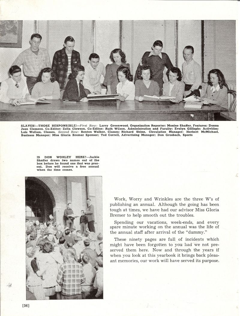 1947 Larry Greenwood, Monine Shaffer, Donna Jean Clemens, Donna Clemens, Zella Clawson, Ruth Wilson, Evelyn Gillispie, Lois Wollam, Benton Walker, Richard Shinn, Herbert McMichael, Gloria Bremer. Ted Correll, Don Grosbach, Don Worley, Jackie Shaffer,   