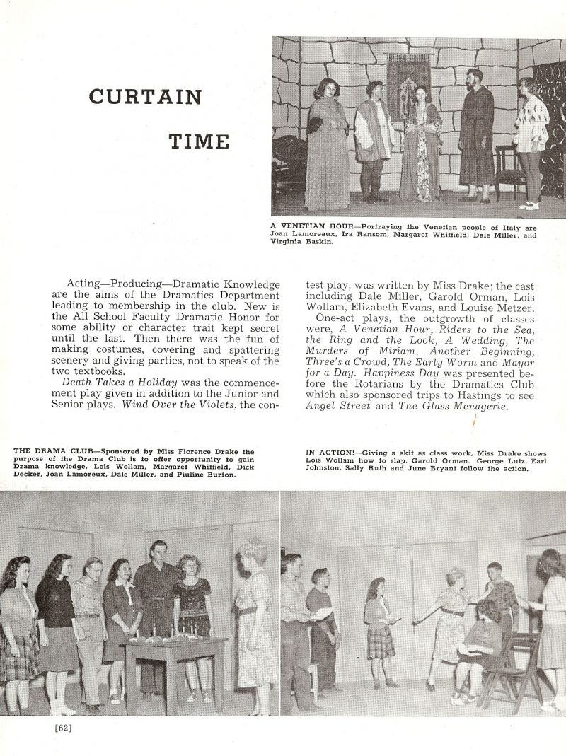 1947 Joan Lamoreauz, Ira Ransom, Margaret Whitfield, Dale Miller, Virginia Baskin, Florence Drake. Dale Miller, Garold Orman, Lois Wollam, Elizabeth Evans, Louise Metzer, George Lutz, Earl Johnston, Sally Ruth, June Bryant, Dick Decker, Pauline Burton, 