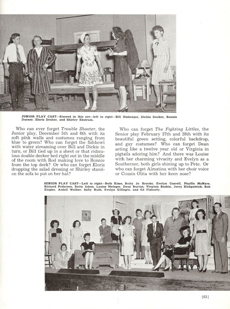 1947 Bill Umberger, Dickie Decker, Bonnie Durner, Eloris Dreher, Shirley Ekstrum, Beth Kime, Betty Jo Brooks, Evelyn Correll, Phyllis McNare, Richard Pedersen, Betty Adam, Louise Metzger, Dean Burton, Virginia Baskin, Jerry Kirkpatrick, 
Bob Ziegler, Ardell Walker, Sally Ruth, Evelyn Gillispie, Ed Flaherty,