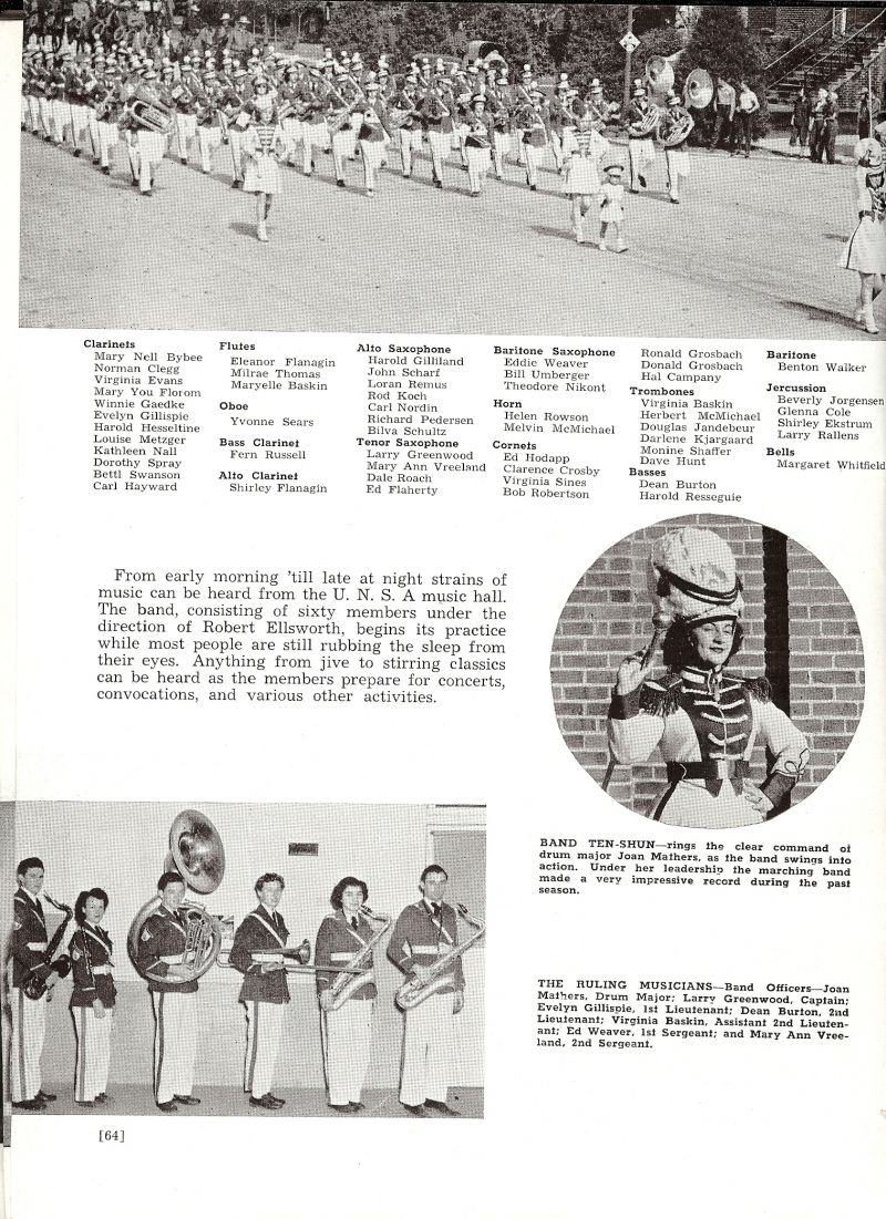 1947 Mary Nell Bybee, Norman Clegg, Virginia Evans, Mary Lou Florom, Mary Florom, Winnie Gaedke, Evelyn Gillispie, Harold Hesseltine, Louise Metzger, Kathleen Nall, Dorothy Spray, Betty Swanson, Carl Hayward, Eleanor Flanagin, Milrae Thomas, Marybelle Baskin, Yvonne Sears, Fern Russell, Shirley Flanagin, Harold Gilliland, John Scharf, Loren Remus, Rod Koch, Carl Nordin, Richard Pedersen, Bilva Schultz, Larry Greenwood, Mary Ann Vreeland, Dale Roach, Ed Flaherty, Eddie Weaver, Bill Umberger, Theodore Nikont, Helen Rowson, Melvin McMichael, Ed Hodapp, Clarence Crosby, Virginia Sines, Bob Robertson, Ronald Grosbach, Donald Grosbach, Hal Campany, Virginia Baskin, Herbert McMichael, Douglas Janderbeur, Darlene Kjargaard, Monine Shaffer, Dave Hunt, Dean Burton, Harold Resseguie, Denton Walker, Beverly Jorgensen, Glenna Cole, Shirley Ekstrum, Larry Rallens, Margaret Whitfield, Joan Mathers, Larry Greenwood, Evelyn Gillispie, Dean Burton, Virginia Baskin, Ed Weaver, Mary Ann Vreeland,