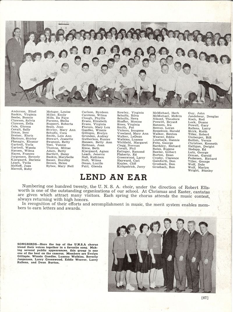 1947 Ethel Anderson, Virginia Baskin, Bonnie Beebe, Sylvia Clawson, Zella Clawson, Glenna Cole, Sally Covalt, Inez Dixon, Eloris Dreher, Shirley Ekstrum, Eleanor Flanagin, Verla Gartrell, Wanda Gargrell, Wilma Hansen, Frances Hayes, Beverly Jorgensen, Darlene Kjargaard,Twila Leach, Joan McNeff, Ruby Merrell, Louise Metzger, Emily Miller, Ila Faye Mills, Stella Parsons, Roberta Ruppert, Jean Seals, Mary Ann Shirley, Cora Schultz, Lois Ann Smith, Jeanette Stewart, Betty Swanson, Vonnie Teel, Milrae Thomas, Betty Adam, Daisy Bartlett, Marybelle Baskin, Dorothy Bauer, Helen Brown, Mary Nell Bybee, Byrdeen Carlson, Wilma Carstens, Phyllis Clough, Elizabeth Evans, Virginia Evans, Virginia Evans, Mary Lou Florom, Winnie Gaedke, Evelyn Gillispie, Audrey Grunden, Eunice Gutherless, Betty Ann Hansen, Joan heitman, Beth Kime, Agnes Kjargaard, Jenevie Leach, Kathleen Nall, Wilma Nutt, Lucille Orman, Glenda Pahl, Virginia Rowley, Bilva Schultz, Neva Schultz, Monine Shaffer, Virginia Sines, Pat Smith, Imogene Vickers, Mary Ann Vreeland, LeDean Walker, Luanne Watkins, Margaret Whitfield, Norman Clegg, Phil Covalt, Ramond Eatinger, Ed Flaherty, Larry Greenwood, Carl Hayward, Cliff Kepler, Jerry Kirkpatick, Herb McMichael, Melvin McMichael, Theodore Nikont, Bryant Prewitt, Ira Ransom, Loran Remus, Harold Ressekuie, Benton Walker, Eddie Weaver, Dannie Lineback, George Fritz, Richard Bardsley, Eugene Bates, Gilbert Baxter, Dean Burton, Clarence Crosby, Don Gainforth, Don Grosbach, Ron Grosbach, John Guy, Douglas Janderbeur, Rod Koch, Duane Lock, Gary Powell, Larry Rallens, Keith Shirk, Robert Tiller, Bill Umberger, Vernie Bollish, Kenneth Christner, Dwight Halligan, Ed Hodapp, George Lutz, Garlold Orman, Richard Pedersen, George Tiller, Dale Wolf, Marlyn Wolf, Stanley Wright, Robert Ellsworth. Evelyn Gillispie, Winnie Gaedke, Luanne Watkins, Beverly Jorgensen, Larry Greenwood, Eddie Weaver, Larry Rallens, Dean Burton, 
