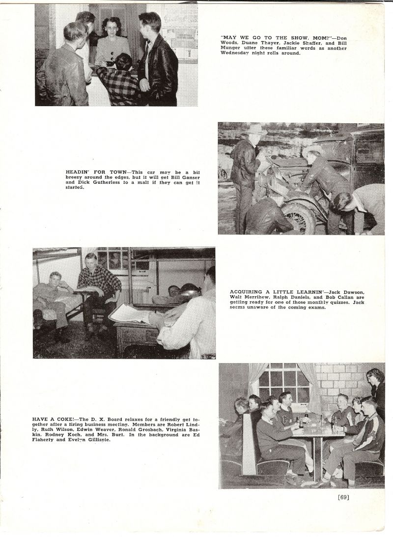 1947 Don Woods, Duane Thayer, Jackie Shaffer, Bill Munger, Bill Ganser, Dick Gutherless, Jack Dawson, Walt Merrihew, Ralph Daniels, Bob Callan, Robert Lindly, Ruth Wilson, Edwin Weaver, Ronald Grosbach, Virginia Baskin, Rodney Koch, Rod Koch, Mom Burt. Ed Flaherty, Evelyn Gillispie,