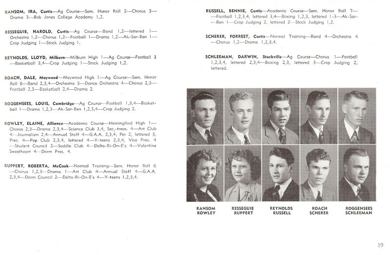 1948 Ira Ransom, Harold Resseguie, Lloyd Reynolds, Dale Roach, Lois Roggensees, Elaine Rowley, Roberta Ruppert, Bennie Russell, Forrest Scherer, Darwin Schleeman,