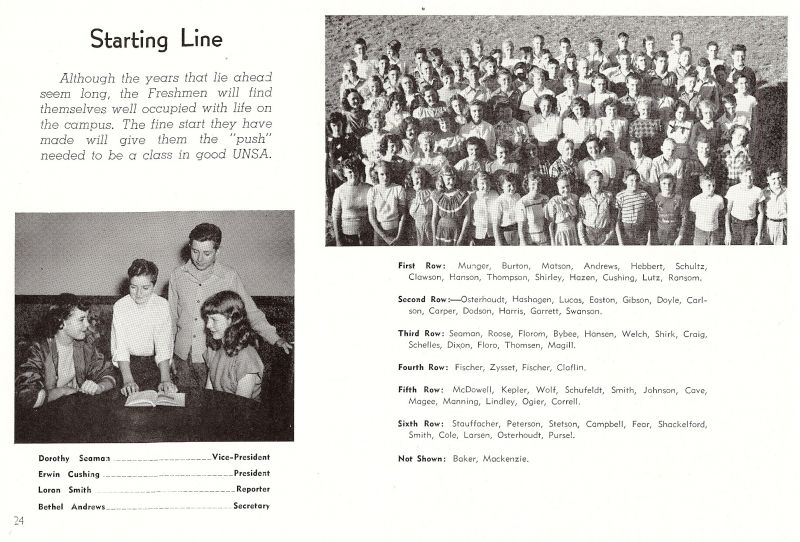 1948 Dale Munger, Betty Burton, Ruby Matson, Bethel Andrews, Janiece Hebbert, Donna Schultz, Alta Clawson, Gladys Hanson, Maurice Thompson, Vernon Shirley, Dick Hazen, Edwin Cushing, George Lutz, Richard Ransom, Jean Osterhoudt, Mary Hashagen, Costella Lucas, Gloria Easton, Leonabelle Gibson, Loa Doyle, Betty Carlson, Kenneth Carper, Duane Dodson, Vern Harris, Ellen Garrett, Leonard Swanson, Dorothy Seaman, Roose, Betty Florom, Leona Bybee, Florence Hansen, Ilene Welch, Doris Shirk, Karen Craig, Lela Schelles, Dixon, Phyllis Floro, Clara Eloise Thomsen, Vernon Magill, Lola Fischer, Bonnie Zysset, Lucille Fischer, Nita Claflin, Diane McDowell, Jane Kepler, Wayne Wolf, Larry Schufeldt, Loran Smith, Shirley Johnson, Cave, Donald Magee, Mart Manning, Leonard Lindley, Garth Ogier, James Correll, Ted Stauffacher, Frederic Stauffacher, Harlan Peterson, LaVerne Stetson, George Campbell, Robert Fear, Dean Shackelford, Kenneth Smith, Gerald Cole, Richard Larsen, Jean Osterhoudt, Robert Pursel, Willa Baker, Waldo Mackenzie, 