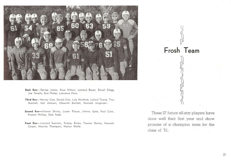 1948 George James, Kaye Wilson, Leonard Bauer, Denzil Clegg, Joe Temple, Bud Phelps, Lawrence Floro, Harvey Cole, Gerald Cole, Lyle Morthole, Leland Towne, Troy Burchell, Earl Johnson, Ellsworth Bartlett, Kenneth Jorgensen, Vernon Shirley, Lester Thayer, Johnny Spitz, Paul Cook, Preston Phillips, Dale Robb, Leonard Swanson, Rodney Burke, Truman Burton, Kenneth Carper, Maurice Thompson, Marlyn Wolfe, Marlyn Wolf,