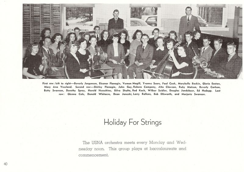 1948 Beverly Jorgensen, Eleanor Flanagin, Vernon Magill, Yvonne Sears, Paul Cook, Marybelle Baskin, Gloria Easton, Mary Ann Vreeland, Shirley Flanagin, John Guy, Roberta Campany, Alta Clawson, Ruby Matson, Beverly Carlson, Ed Hodapp, Marjorie Wwanson, Bob Ellsworth. Douglas Janderbuer, Wilbur Seidler, Betty Swanson, Dorothy Spray, Harold Hesseltine, Bilva Shultz, Rod Koch, Glenna Cole, Donald Whitacre, Don Whitacre,  