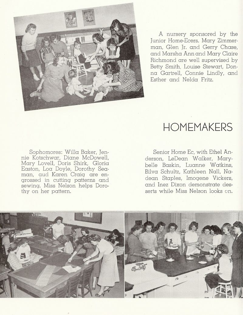 1949 Betty Smith, Louise Stewart, Donna Gartrell, Connie Lindly, Esther Fritz, Nelda Fritz, Mary Zimmerman. Glen Chase. Gerry Chase. Ethel Anderson, LeDean Walker, Marybelle Baskin, Luanne Watkins, Bilva Schultz, Kathleen Nall, Nadean Staples, Imogene Vickers, Inez Dixon, Nelson. Willa Baker, Jennie Kotschwar, Diane McDowell, Mary Lovell, Dori Shirk, Gloria Easton, Loa Doyle, Dorothy Seaman, Karen Craig,   