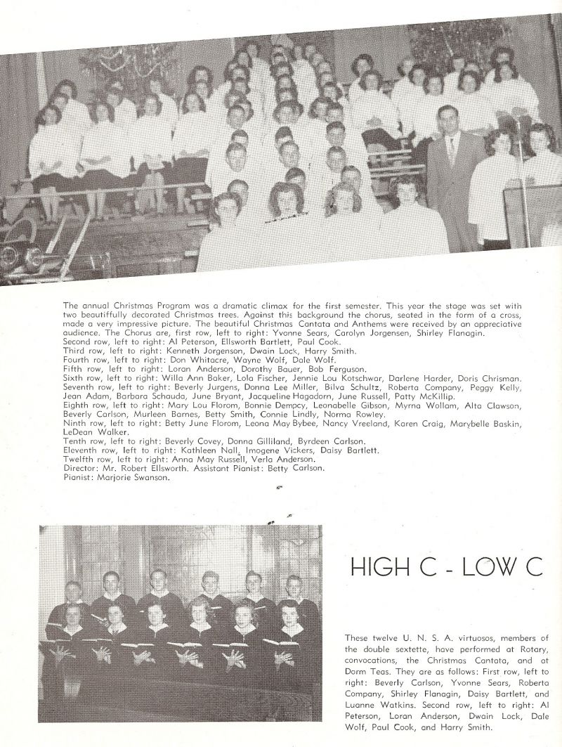 1949 Yvonne Sears, Carolyn Jorgensen, Shirley Flanagin, Al Peterson, Ellsworth Bartlett, Paul Cook, Kenneth Jorgenson, Dwain Lock, Harry Smith, Don Whitacre, Wayne Wolf, Dale Wolf, Loran Anderson, Dorothy Bauer, Bob Ferguson, Willa Ann Baker, Lola Fischer, Jennie Lou Katschwar, Darlene Harder, Doris Chrisman, Peggy Kelly, Roberta Company, Campany, Bilva Schultz, Donna Lee Miller, Beverly Jurgens, Jean Adam, Barbara Schauda, June Bryant, Jacqueline Hagadorn, June Russell, Patty McKillip, Mary Lou Florom, Bonnie Dempcy, Leonabelle Gibson, Myrna Wollam, Alta Clawson, Beverly Carlson, Murleen Barnes, Betty Smith, Connie Lindly, Norma Rowley, Betty June Florom, Leona May Bybee, Nancy Vreeland, Karen Craig, Marybelle Baskin, LeDean Walker, Beverly Covey, Donna Gilliland, Byrdeen Carlson, Kathleen Nall, Imogene Vickers, Daisy Brtlett, Anna May Russell, Verla Anderson, Robert Ellsworth. Betty Carlson, Marjorie Swanson, Beverly Carlson, Yvonne Sears, Roberta Company, Campany, Shirley Flanagin, Daisy Bartlett, Luanne Watkins, Al Peterson, Loran Anderson, Dwain Lock, Dale Wolf, Paul Cook, Harry Smith,