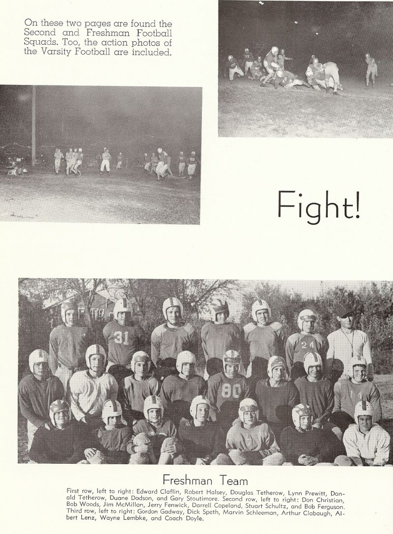 1949 Edward Claflin, Robert Halsey, Douglas Tetherow, Lynn Prewitt, Donald Tetherow, Duane Dodson, Gary Stoutimore, Don Christian, Bob Woods, Jim McMillan, Jerry Fenwick, Darrell Copeland, Stuart Schultz, Bob Ferguson, Gordon Gadway, Dick Speth, Marvin Schleeman, Arthur Clabaugh, Albert Lenz, Wayne Lembke, Doyle.