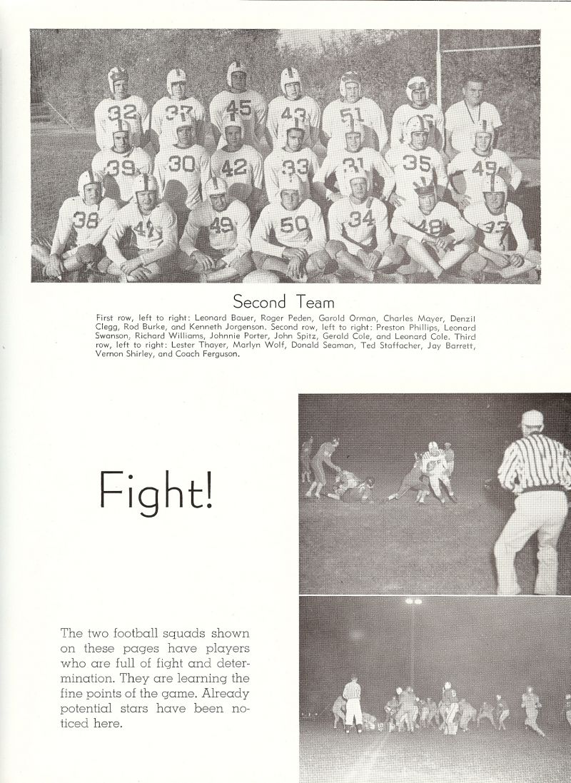 1949 Leonard Bauer, Roger Peden, Garold Orman, Charles Mayer, Denzil Clegg, Rod Burke, Kenneth Jorgenson, Preston Phillips, Leonard Swanson, Richard Williams, Johnnie Porter, John Spitz, Gerold Cole, Leonard Cole, Lester Thayer, Marlyn Wolf, Donald Seaman, Ted Stauffacher, Frederic Stauffacher, Jay Barrett, Vernon Shirley, Ferguson.