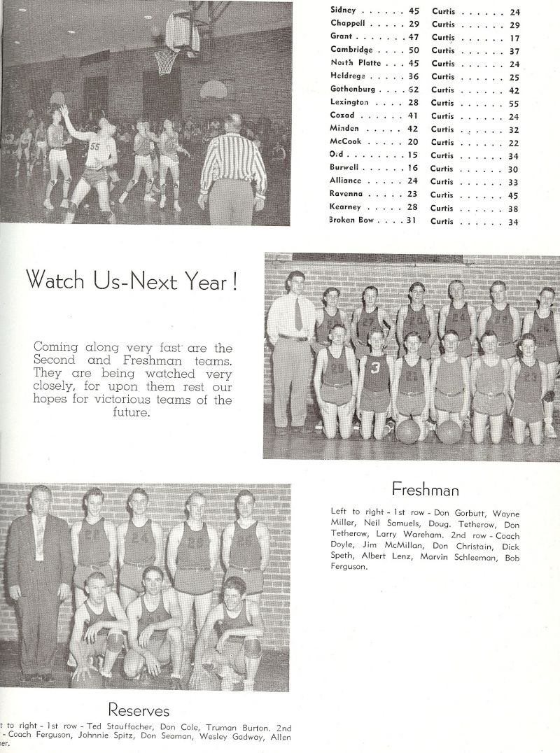 1949 Don Gorbutt, Wayne Miller, Neil Samuels, Doug Tetherow, Don Tetherow, Larry Wareham, Coach Keith Doyle. Jim McMillan, Don Christain, Dick Speth, Albert Lenz, Marvin Schleeman, Bob Ferguson, Ted Stauffacher, Frederic Stauffacher, Don Cole, Truman Burton, Coach Gerald Ferguson. Johnnie Spitz, Don Seaman, Wesley Gadway Allen Fisher,