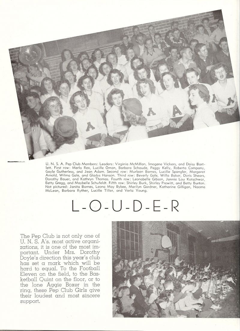 1949 Virginia McMillan, Imogene Vickers, Daisy Bartlett, Merla Rex, Lucille Oman, Barbara Schauda, Peggy Kelly, Roberta Company, Gayle Gutherless, Jean Adam, Murleen Barnes, Lucille Spangler, Margaret Arnold, Wilma Gale, Gladys Hanson, Beverly Gale, Willa Baker, Doris Shears, Dorothy Bauer, Kathryn Thomas, Leonabelle Gibson, Jennie Lou Kotschwar, Betty Gregg, Maybelle Schufeldt, Shirley Burk, Shirley Prewitt, Betty Burton, Janita Barnes, Leona May Bybee, Marilyn Gardner, Katherine Gilligan, Naoma McLean, Barbara Ryther, lucille Tiller, Verla Young,