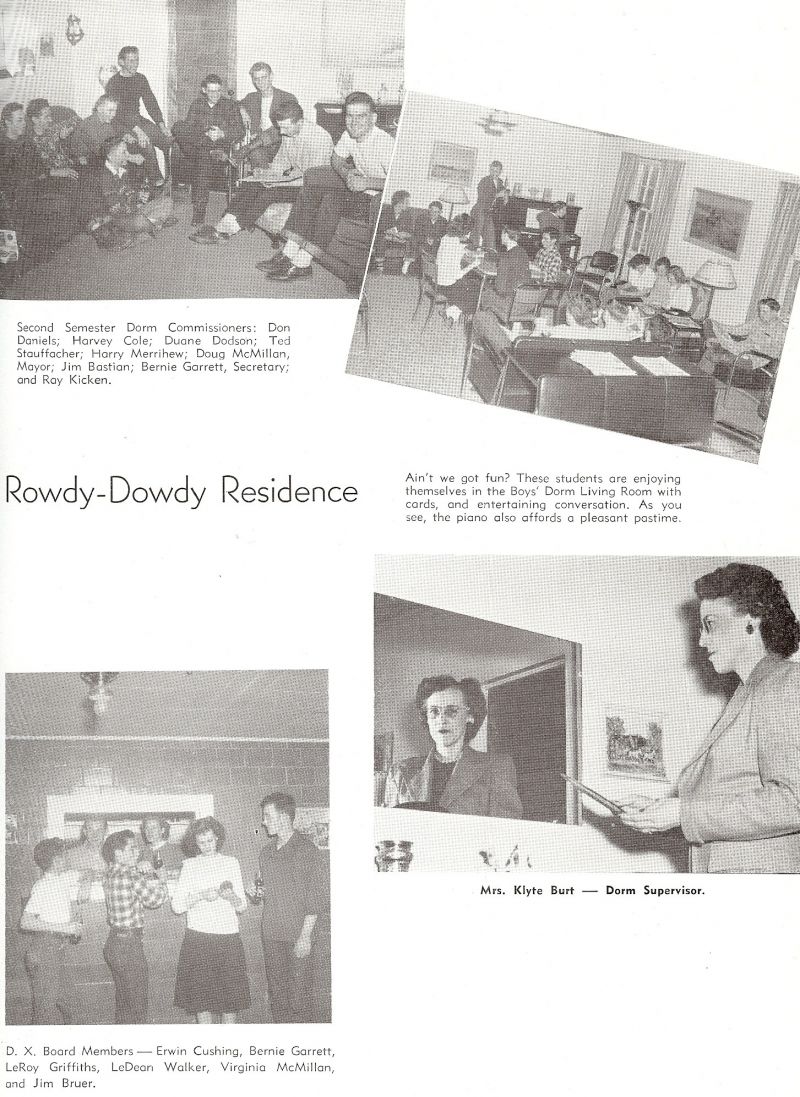 1949 Don Daniels, Harvey Cole, Duane Dodson, Ted Stauffacher, Frederic Stauffacher,  Harry Merrihew, Doug McMillan, Jim Bastian, Bernie Garret, Roy Kicken, Mom Burt. Erwin Cushing, Bernie Garrett, LeRoy Griffiths, LeDean Walker, Virginia McMillan, Jim Bruer,
