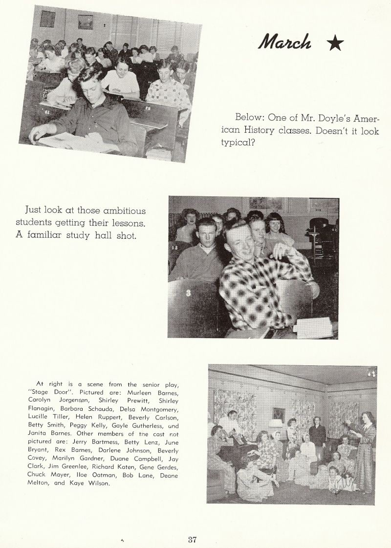 1950 Doyle. Murleen Barnes, Carolyn Jorgensen, Shirley Prewitt, Shirley Flanagin, Barbara Schouda, Delso Montomery, Lucille Tiller, Helen Ruppert, Beverly Carlson, Betty Smith, Peggy Kelly, Gayle Gutherless, Janita Barnes, Jerry Bartmess, Betty Lenz, June Bryant, Rex Barnes, Darlene Johnson, Beverly Covey, Marilyn Gardner, Duane Campbell, Jay Clark, Jim Greenlee, Richard Katen, Gene Gerdes, Chuck mayer, Iloe  Oatman, Bob Lone, Deane Melton, Kaye Wilson,