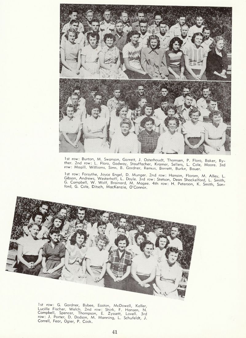 1950 Burton, Swanson, Garrett, Osterhoudt, Clara Eloise Thomsen, Floro, Baker, Ryther, Floro, Gordon Gadway, Ted Stauffacher, Frederic Stauffacher, Kramer, Sellers, Cole, Moore, Magill, Williams, Sims, Gardner, Remus, Barrett, Burke, Bauer, Forsythe, Joyce Engel, Munger, Hanson, Florom, Alley, Gibson, Andrews, Westerhoff, Doyle, Stetson, Dean Scockelford, Smith,  George Campbell, Wolf, Brainard, Magee, Peterson, Smith, Sanford, Cole, Ditsch, MacKenzie, O'Connor, Gardner, Bybee, Easton, McDowell, keller, Lucille Fischer, Welch, Shirk, Hansen, Neal Campbell, Spencer, Thompson, Zysset, Lovell, Porter, Dodson, Manning, Schufeldt, Correll, Fear, Ogier, Cook,