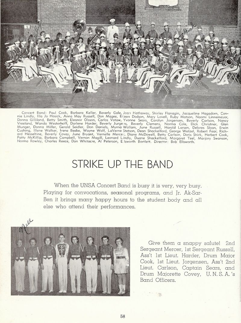 1950 Paul Cook, Barbara Keller, Beverly Gale, Joan Hathaway, Shirley Flanagin, Jacqueline Hagadorn, Connie Lindly, Illa Jo Hosick, Anna May Russell, Don Magee, Eileen Dodson,  Mary Lovell, Ruby Matson, Naomi Linnemeyer, Donna Gilliland, Betty Smith, Eleanor Olsson, Carlos Votaw, Yvonne Sears, Carolyn Jorgensen, Beverly Carlson, Nancy Vreeland, Wanda Westerhoff, Darlene Harder, Beverly Jurgens, Beverly Clemens, Norma Cole, Dick Christner, Glen Munger, Donna Miller, Gerold Seidler, Don Daniels, Myrna Wollam, June Russell, Harold Larsen, Delores Sloan, Erwin Cushing, Illene Walker, Irene Beebe, Wayne Wolf, Laverne Stetson, Dean Shackelford, George Wetzel, Robert Fear, Richard Hesseltine, Beverly Covey, June Bryant, Vernelle Mercer, Vernelle Mercer, Diane McDowell, Betty Carlson, Doris Shirk, Herbert Cook, Patty McKillip, Barbara Campbell, Vernon Magill, Leonard Lindly, Duane Shackelford, Margaret Teel, Marjory Swanson, Norma Rowley, Charles Reece Don Whitacre, Al Peterson, Ellsworth Bartlett, Bob Ellsworth. Russell, Jorgensen, Carlson, Sears, Covey,