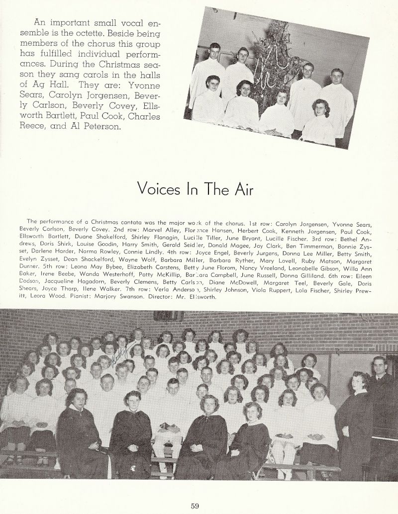 1950 Carolyn Jorgensen, Yvonne Sears, Beverly Carlson, Beverly Covey, Marvel Alley, Florence Hanson, Herbert Cook, Kenneth Jorgensen, Paul Cook, Ellsworth Bartlett, Duane Shakelford, Shirley Flanagin, Lucille Tiller, June Bryant, Lucille Fischer, Bethel Andrews, Doris Shirk, Louise Goodin, Harry Smith, Gerald Seidler, Donald Magee, Jay Clark, Ben Timmerman, Bonnie Zysset, Darlene Harder, Norma Rowley, Connie Lindly, Joyce Engel, Beverly Jurgens, Donna Lee Miller, Betty Smith, Evelyn Zysset, Dean Shackelford, Wayne Wolf, Barbara Miller, Barbara Ryther, Mary Lovell, Ruby Matson, Margaret Durner, Leona May Bybee, Elizabeth Carstens, Betty June Florom, Nancy Vreeland, Leonabelle Gibson, Willa Ann Baker, Irene Beebe, Wanda Westerhoff, Patty McKillip, Barbara Campbell, June Russell, Donna Gilliland, Eileen Dodson, Jacqueline Hagadorn, Beverly Clemens, Betty Carlson, Diane McDowell, Margaret Teel, Beverly Gale, Doris Shears, Joyce Tharp, Ilene Walker, Verla Anderson, Shirley Johnson, Viola Ruppert, Lola Fischer, Shirley Prewitt, Leora Wood, Marjory Swanson, Ellsworth. Yvonne Sears, Carolyn jorgensen, Beverly Carlson Beverly Covey, Ellsworth Bartlett, Paul Cook, Charles Reece Al Peterson,