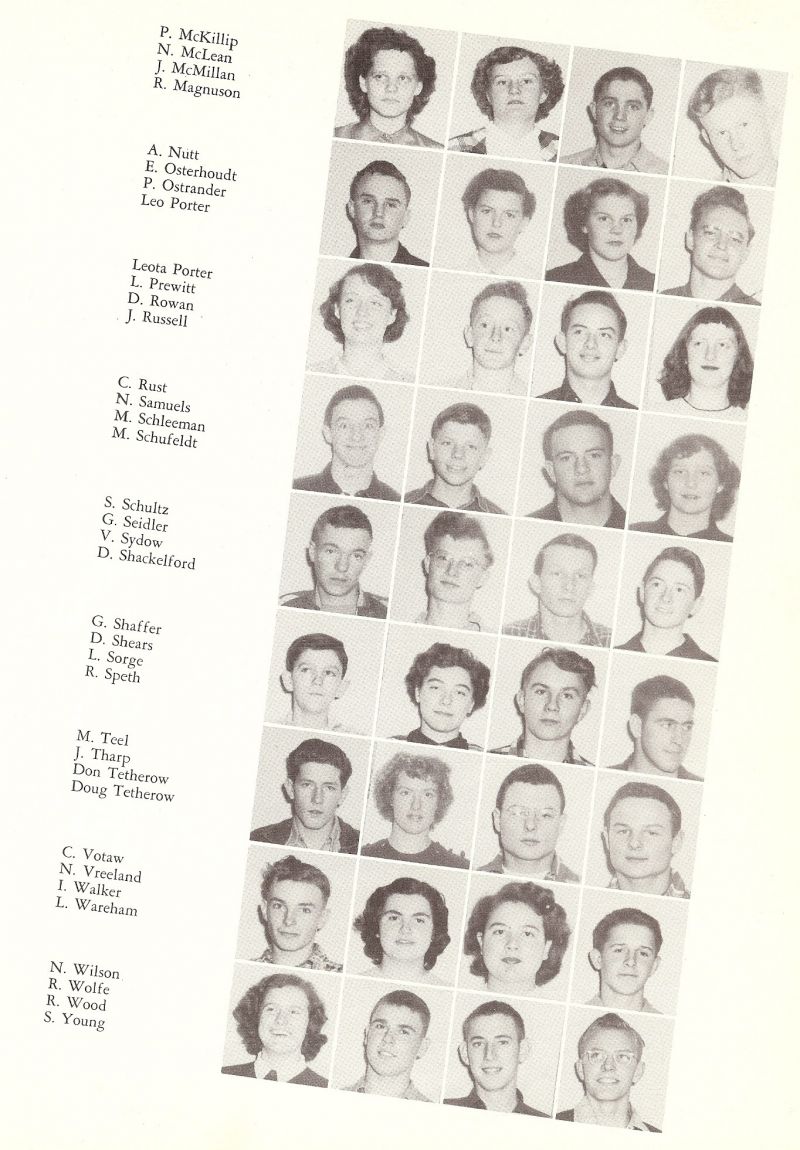 1951 McKillip, Mclean, Magnuson, Nutt, Osterhoudt, Ostrander, Leo Porter, Leota Porter, Prewitt, Rowan, Russell, Rust, Samuels, Schleeman, Schufeldt, Schultz, Seidler, Sydow, Shackelford, Shaffer, Shears, Sorge, Speth, Teel, 
Tharp, Don Tetherow, Doug Teherow, Votaw, Vreeland, Walker, Wareham, Wilson, Wolfe, Wood, Young,  