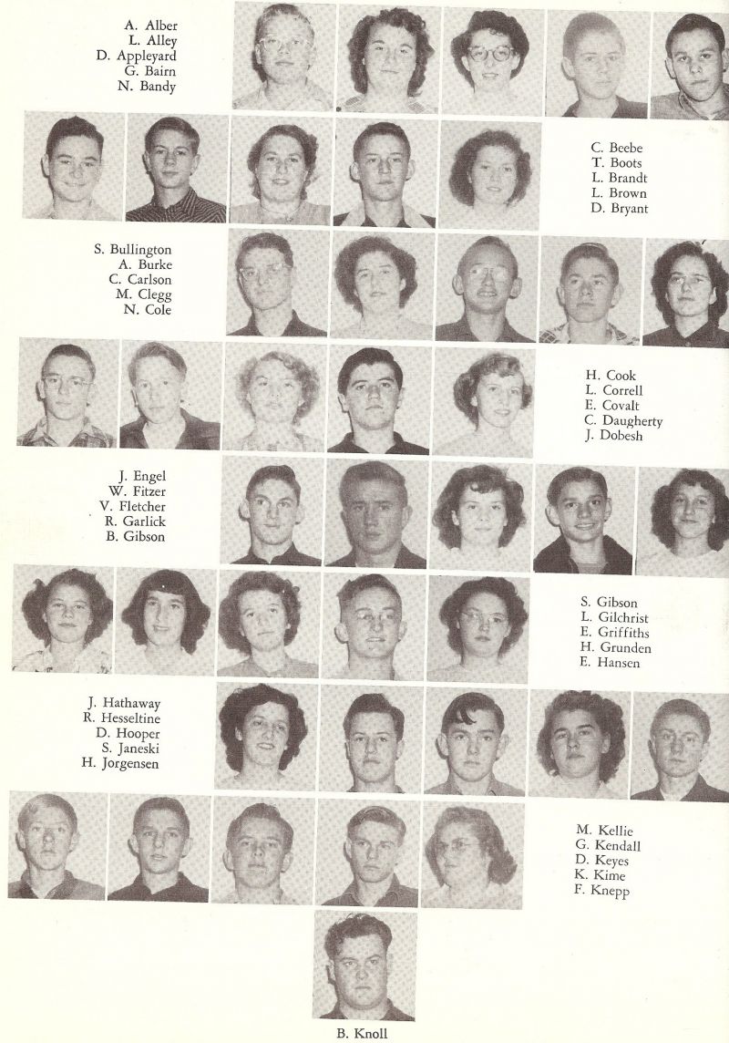 1951 Alber, Alley, Appleyard, Bairn, Bandy, Beebe, Boots, Brandt, Brown, Bryant, Cook, Correll, Covalt, Daugherty, Dobesh, Bullington, Burke, Carlson, Clegg, Cole, Engel, Fitzer, Fletcher, Garlick, Gibson, Hathaway, Hesseltine, Hooper, Janeski Jorgensen, Gibson, Gilchrist, Griffiths, Grunden, Hansen, Kellie, Kendall, Keyes, Kime, Knepp, Knoll, 