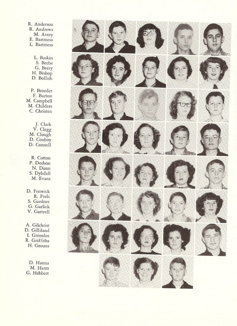 1951 Anderson, Andrews, Avery, Bartmess, Baskin, Beebe, Beery, Bishop, Bollish, Broeder, Burton, Campbell, Childers, Christen, Clark, Clegg, Clough, Conboy, Connell, Cotton, Dodson, Dunn, Dybdall, Evans, Fenwick, Frels, Gardner, Garlick Gartrell, Gilcrist, Gilliland, Greenlee, Griffiths, Grouns, Hanna, Harm, Hebbert,  