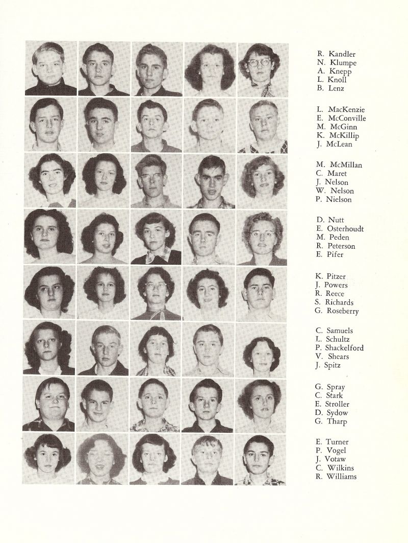 1951 Kandler, Klumpe, Knoll, Lenz, NacKenzie, McConville, McGinn, McKillip, McLean, McMillan, Maret, Nelson, Nielson, Nutt, Osterhoudt, Peden, Peterson, Pifer, Pitzer, Powers, Reece, Richards, Roseberry, Samuels, Schultz, Shackelford, Shears, Spitz, Spray, Stark, Stroller, Sydow, Tharp, Turner, Vogel, Votaw, Wilkins, Williams,