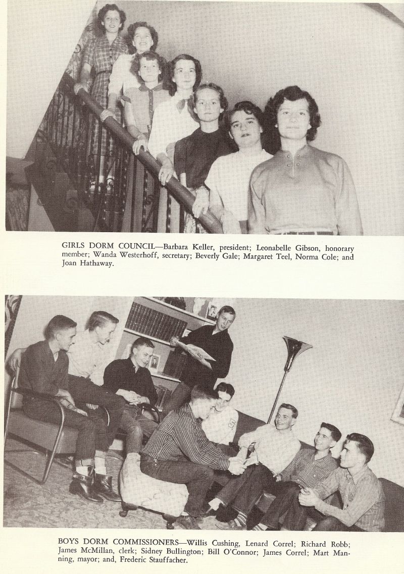 1951 Barbara Keller, Leonabelle Gibson, Wanda Westerhoff, Beverly Gale, Margaret Teel, Morna Cole, Joan Hathaway, Willis Cushing, Lenard Correl, Richard Robb, James McMillan, Sidney Bullington, Bill O'Connor, James Correl, Mart Manning, Frederic Stauffacher, Ted Stauffacher,
