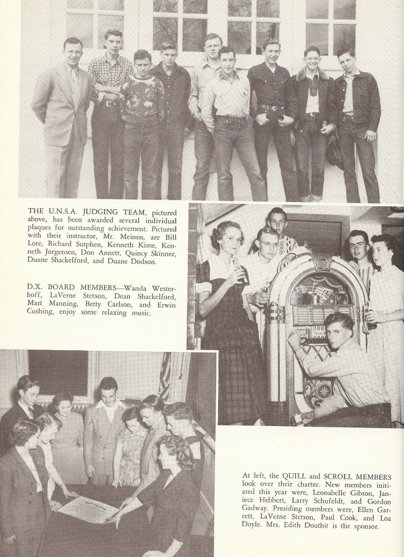 1951 Meinen. Bill Lore, William Lore, Richard Sutphen, Kenneth Kime, Kenneth Jorgensen, Don Annett, Quincy Skinner, Duane Shackelford, Duane Dodson, Wanda Westerhoff, LaVerne Stetson, Dean Shackelford, Mart Manning, Betty Carlson, Erwin Cushing, Leonabelle Gibson, Janiece Hebbert, Larry Schufeldt, Gordon Gadway, Ellen Garrett, LaVerne Stetson, Paul Cook Loa Doyle, Edith Douthit. 