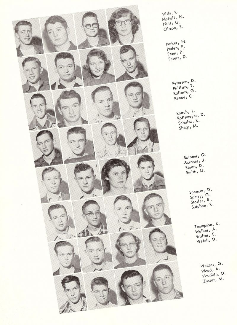 1952 Mills, McFall, Nutt, Olsson, Parker, Peden, Penn, Peters, Peterson, Phillips, Rallens, Reece, Roach, Rofsmeyer, Schultz, Sharp, Skinner, Sloan, Smith, Spencer, Sperry, Stoller, Richard Sutphen, Thompson, Walker, Walter, Welch, Wetzel, Wood, Younkin, Zysset,