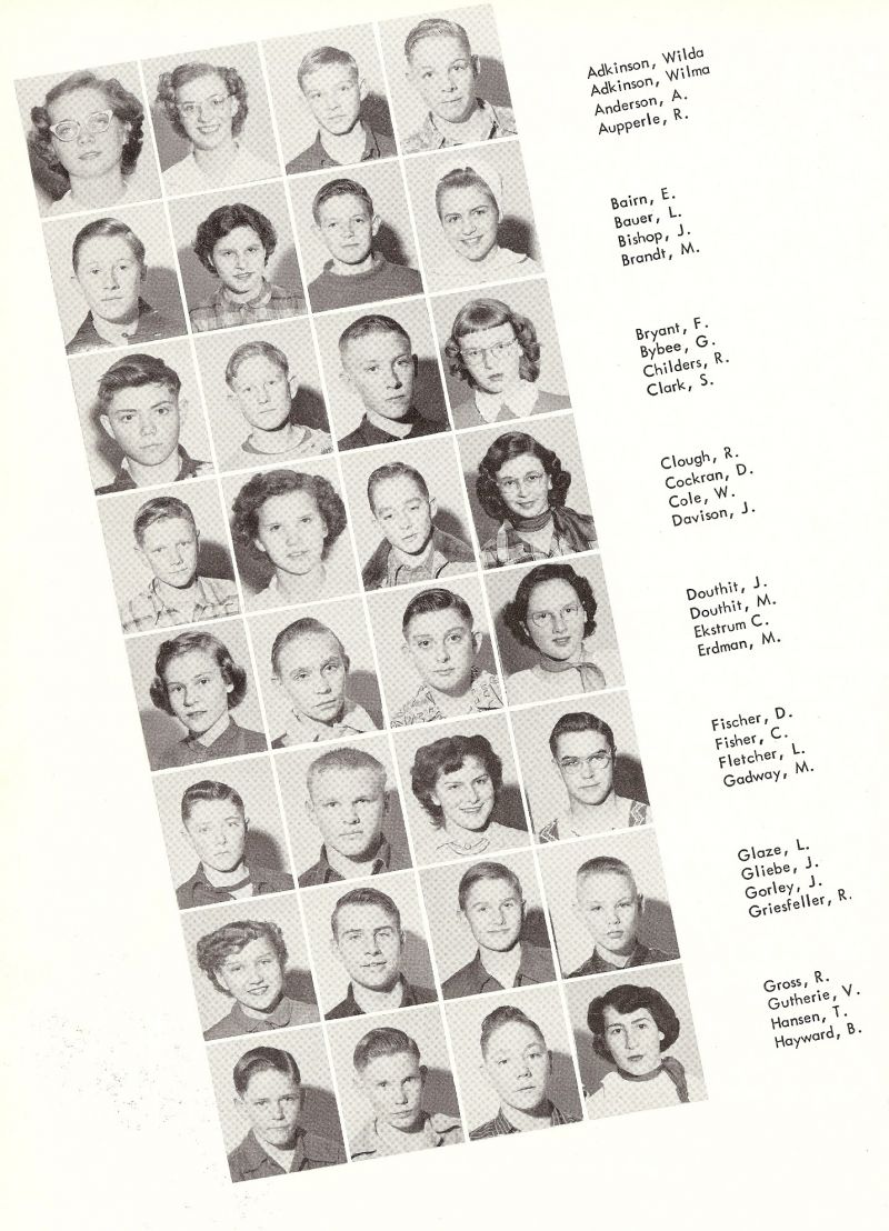 1952 Wilda Adkinson, Wilma Adkinson, Anderson, Apperle, Bairn, Bauer, Bishop, Brandt, Bryant, Bybee, Childers, Clark, Clough, Cockran, Cole, Davison, Douthit, Ekstrum, Erdman, Fischer, Fisher, Fletcher, Gadway, Glaze, Gleibe, Gorley, Griesfeller, Gross, Gutherie, Hansen, Hayward, 