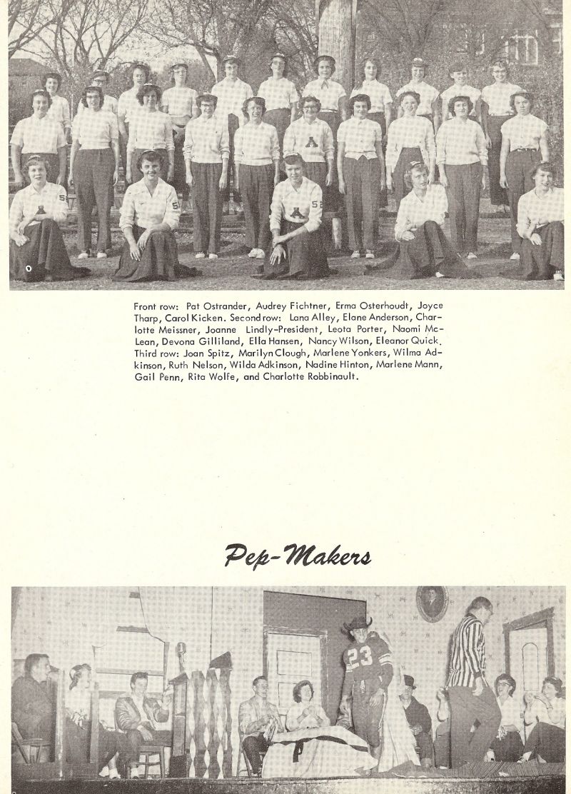 1952 Pat Ostrander, Audrey Fichtner, Erma Osterhoudt, Joyce Tharp, Carol Kicken, Lana Alley, Elane Anderson, Charlotte Meissner, Joanne Lindly, Leota Porter, Naomi McLean, Devona Gilliland, Ella Hansen, Nancy Wilson, Eleanor Quick, Joan Spitz, Marilyn Clough, Marlene Yonkers, Wilma Adkinson, Ruth Nelson, Wilda Adkinson, Nadine Hinton, Marlene Mann, Gail Penn, Rita Wolf, Charlotte Robbinault,