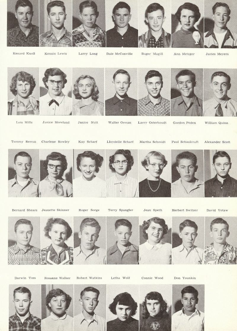 1953 Kenard Knoll, Kennis Lewis, Larry Long, Dale McConville, Lois Mills, Janice Moreland, Janice Nutt, Walter Orman, Roger Magill, Ann Metzger, James Meyers, William Quinn, Gordon Peden, Larry Osterhoudt, Walter Orman, Alexander Scott, Paul Schoolcraft, Martha Schmidt, Lloydelle Scharf, David Votaw, Herbert Switzer, Jean Speth, Terry Spangler, Tommy Remus, Charlene Rowley kay Scharf, Roger Sorge, Jeanette SKinner, Bernard Shears, Darwin Voss, Rosanne Walker, Robert Watkins, Letha Wolf, Connie Wood, Don Younkin,