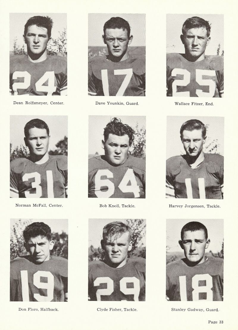 1953 Dean Rolfsmeyer, Dave Younkin, Norman McFall, Bob Knoll, Wallace Fitzer, Harvey Jorgensen, Stanley Gadway, Clyde Fisher, Don Floro, 