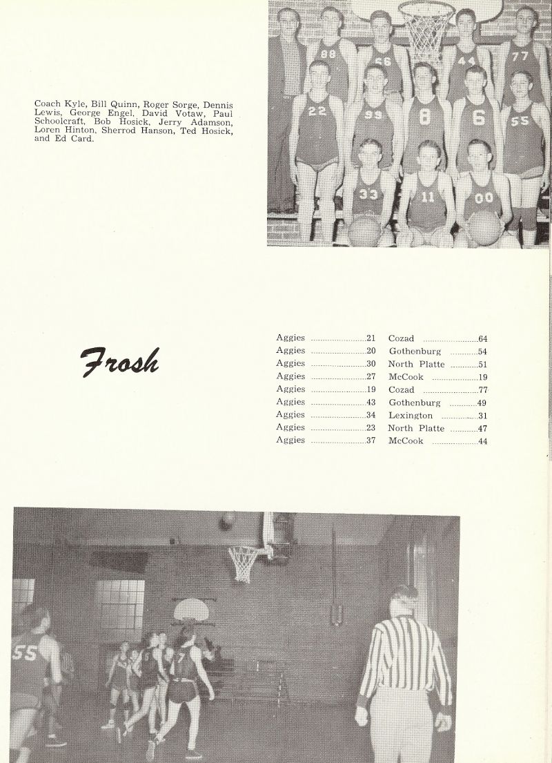 1953 Kyle. Bill Quinn, Roger Sorge, Dennis Lewis, George Engel, David Votaw, Paul Schoolcraft, Bob Hosick, Jerry Adamson, Loren Hinton, Sherrod Hanson, Ted Hosick, Ed Card,