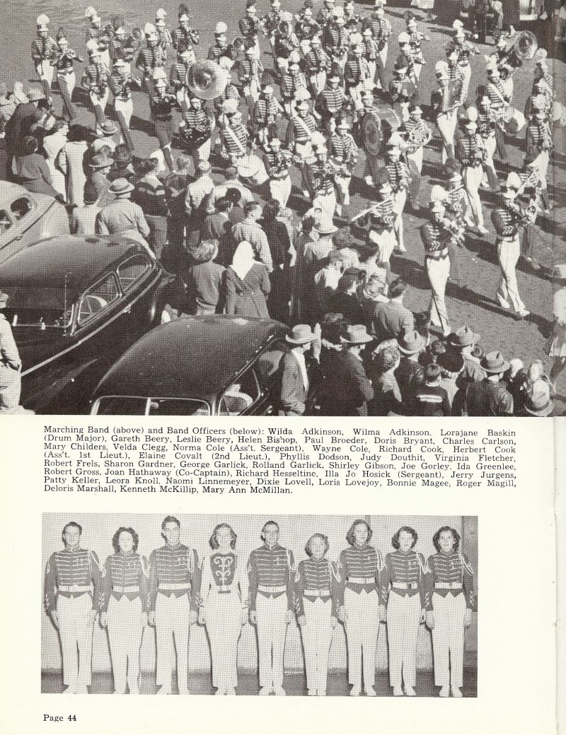 1953 Wilda Adkinson, Wilma Adkinson, Larajane Baskin, Gareth Beery, Leslie Beery, Helen Bishop, Paul Broeder, Doris Bryant, Charles Carlson, Mary Childers, Velda Clegg, Norma Cole, Wayne Cole, Richard Cook, Herbert Cook, Elaine Covalt, Phyllis Dodson, Judy Douthit, Virginia Fletcher, Robert Frels, Sharon Gardner, George Garlick, Rolland Garlick, Shirley Gibson, Joe Gorley, Ida Mae Greenlee, Ida Greenlee, Robert Gross, Joan Hathaway, Richard Hesseltine, Illa Jo Hosick, Jerry Jurgens, Patty Keller, Leora Knoll, Naomi Linnemeyer, Dixie Lovell, Loris Lovejoy, Bonnie Magee, Roger Magill, Deloris Marshall, Kenneth McKillip, Mary Ann McMillan,  