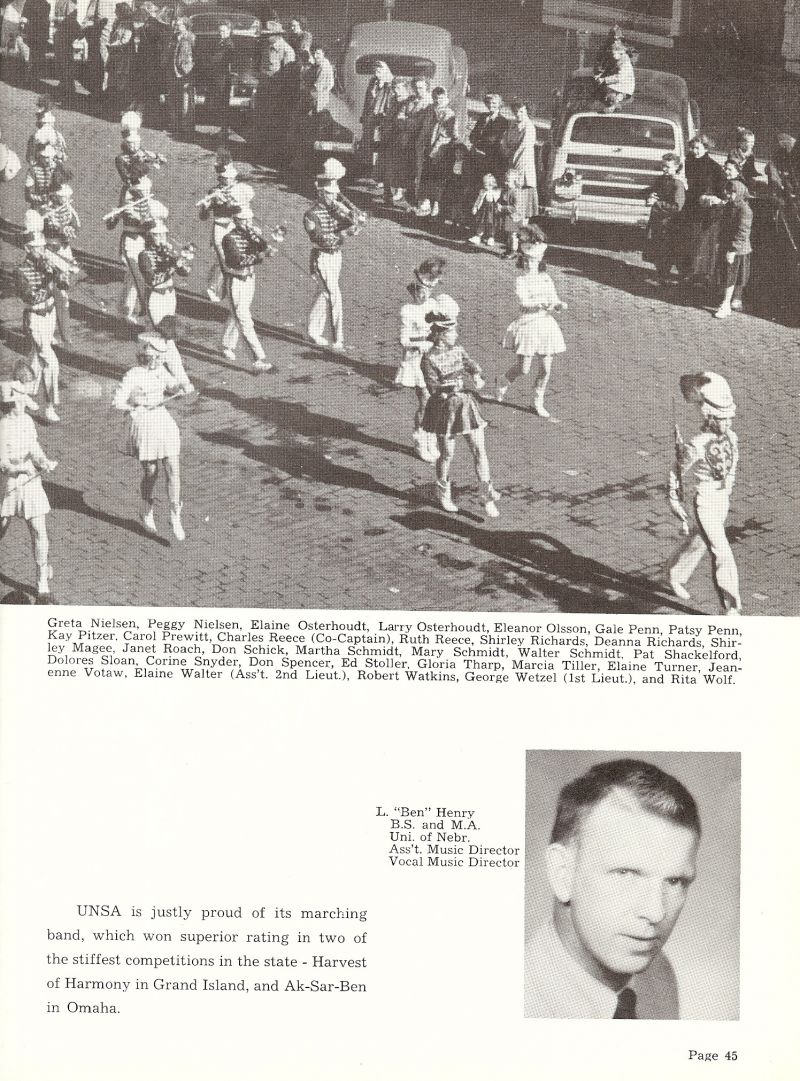 1953 Greta Nielsen, Peggy Nielsen, Elaine Osterhoudt, Larry Osterhoudt, Eleanor Olsson, Gale Penn, Patsy Penn, Kay Pitzer, Carol Prewitt, Charles Reece, Ruth Reece, Shirley Richards, Deanna Richards, Shirley Magee, Janet Roach, Don Schick, Martha Schmidt, Mary Schmidt, Walter Schmidt, Pat Shackelford, Delores Sloan, Corine Snyder, Don Spencer, Ed Stoller, Gloria Tharp, Marcia Tiller, Elaine Turner, Jeanenne Votaw, Elaine Walter, Robert Watkins, George Wetzel, Rita Wolf, Ben Henry.  