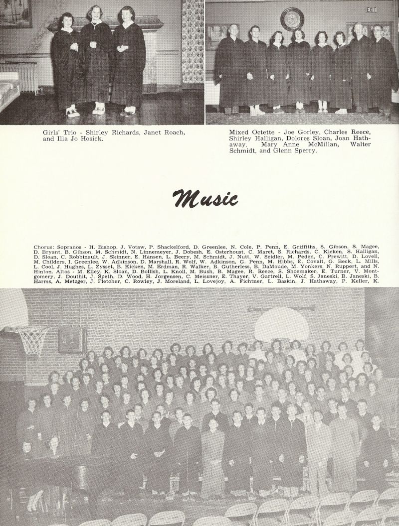 1953 Shirley Richards, Janet Roach, Illa Jo Hosick, Joe Gorley, Charles Reece, Shirley Halligan, Dolores Sloan, Joan Hathaway, Mary Anne McMillan, Walter Schmidt, Glenn Sperry, Bishop, Votaw, Shackelford, Greenlee, Cole, Penn, Griffiths, Gibson, Magee, Bryant, Gibson, Schmidt, linnemeyer, Dobesh, Osterhoudt, Maret, Richards, Kicken, Halligan, Sloan, Robbinault, Skinner, Hansen, Beery Schmidt, Nutt, Seidler, Peden, Prewitt, Lovell, Childers, Greenlee, Adkinson, Marshall, Wolf, Adkinson, Penn, Hibbs, Covalt, Beck, Mills, Cool, Hughes, Zysset, Kicken, Erdman, Walker, Gutherless, DaMoude, Yonkers, Ruppert, Hinton, Elley, Sloan, Bollish, Knoll, Bush, Magee, Reece, Shoemaker, Turner, Montgomery, Douthit, Speth, Wood, Jorgensen, Meissner, Thayer, Gartrell, Wolf, Janeski, Harms, Metzger, Fletcher, Rowley, Moreland, Lovejoy, Fichtner, Baskin, Hathaway, Keller,      