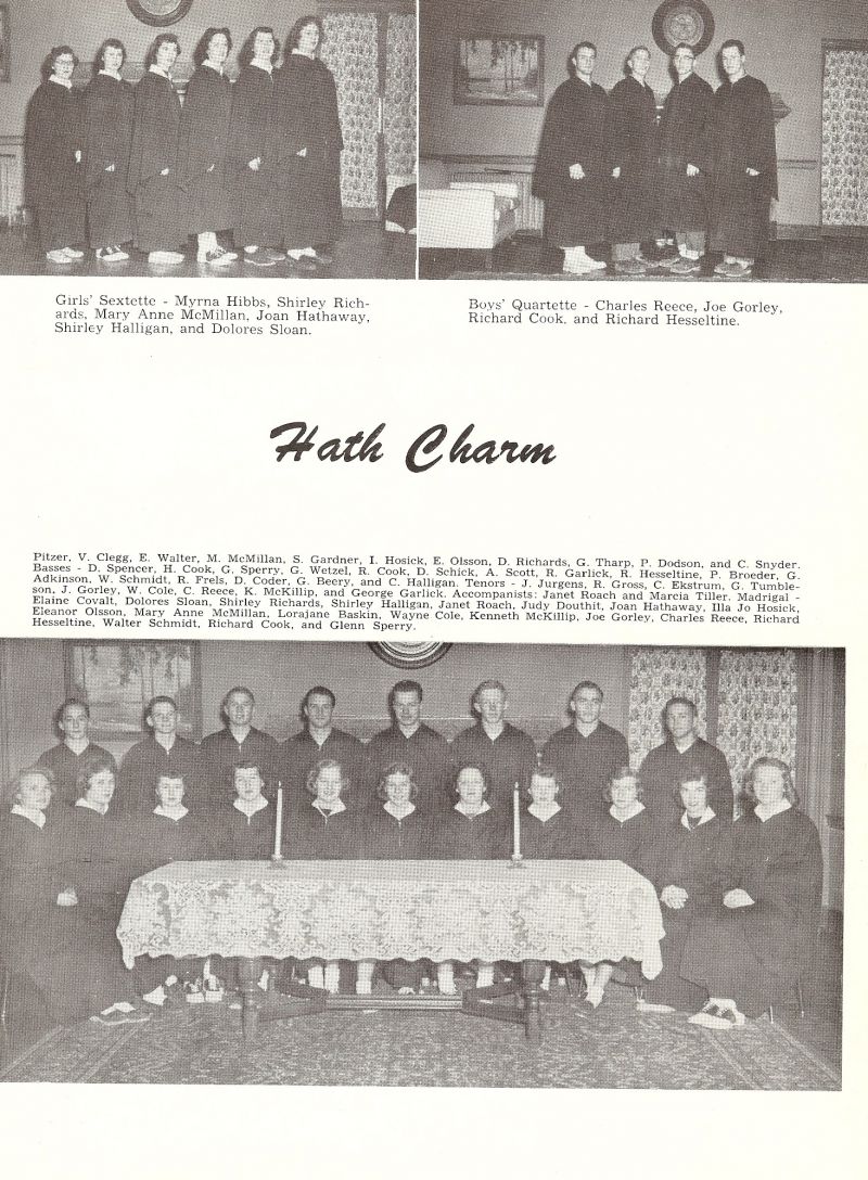 1953 Myrna Hibbs, Shirley Richards, Mary Anne McMillan, Joan Hathaway Shirley Halligan, Dolores Sloan, Charles Reece, Joe Gorley, Richard Cook, Richard Hesseltine, Pitzer, Clegg, Walter, McMillan, Gardner, Hosick, Olsson, Richards, tharp, Dodson, Snyder, Spencer, Cook, Sperry, Wetzel, Cook, Schick, Scott, Garlick, Hesseltine, Broeder, Adkinson, Schmidt, Frels, Coder, Beery, Halligan, Jurgens, Gross, Ekstrum, Tumbleson, Gorley, Cole, Reece, McKillip, George Garlick, Janet Roach, Judy Douthit, Joan Hathaway Illa Jo Hosick, Eleanor Olsson, Mary Anne McMillan, Lorajane Baskin, Wayne Cole, Kenneth McKillip, Joe Gorley, Charles Reece, Richard Hesseltine, Walter Schmidt, Richard Cook, Glenn Sperry,