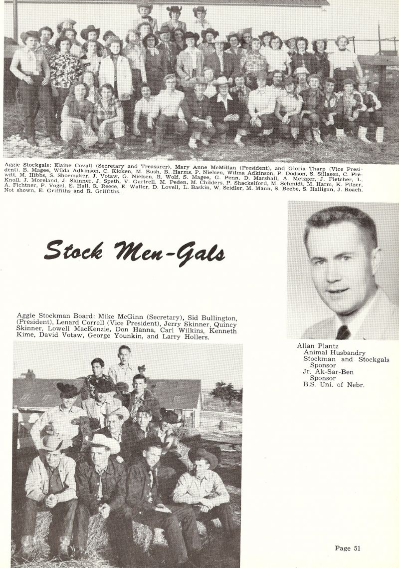 1953 Allan Plantz. Elaine Covalt, Mary Anne McMillan, Gloria Tharp, Magee, Wilda Adkinson, Kicken, Bush, Harms, Nielsen, Wilma Adkinson, Dodson, Sillasen, Prewitt, Hibbs, Shoemaker, Votaw, Nielsen, Wolf, Magee, Penn, Marshall, Metzger, Fletcher, Knoll, Moreland, Skinner, Speth, Gartrell, Peden, Childers, Shackelford, Schmidt, Harm, Pitzer, Fichtner, Vogel, Hall, Reece, Walter, Lovell, Baskin, Seidler, Mann, Beebe, Halligan, Roach, Griffiths, Mike McGinn, Sid Bullington, Lenard Correll, Jerry Skinner, Quincy Kime, David Votaw, George Younkin, Larry Hollers,
