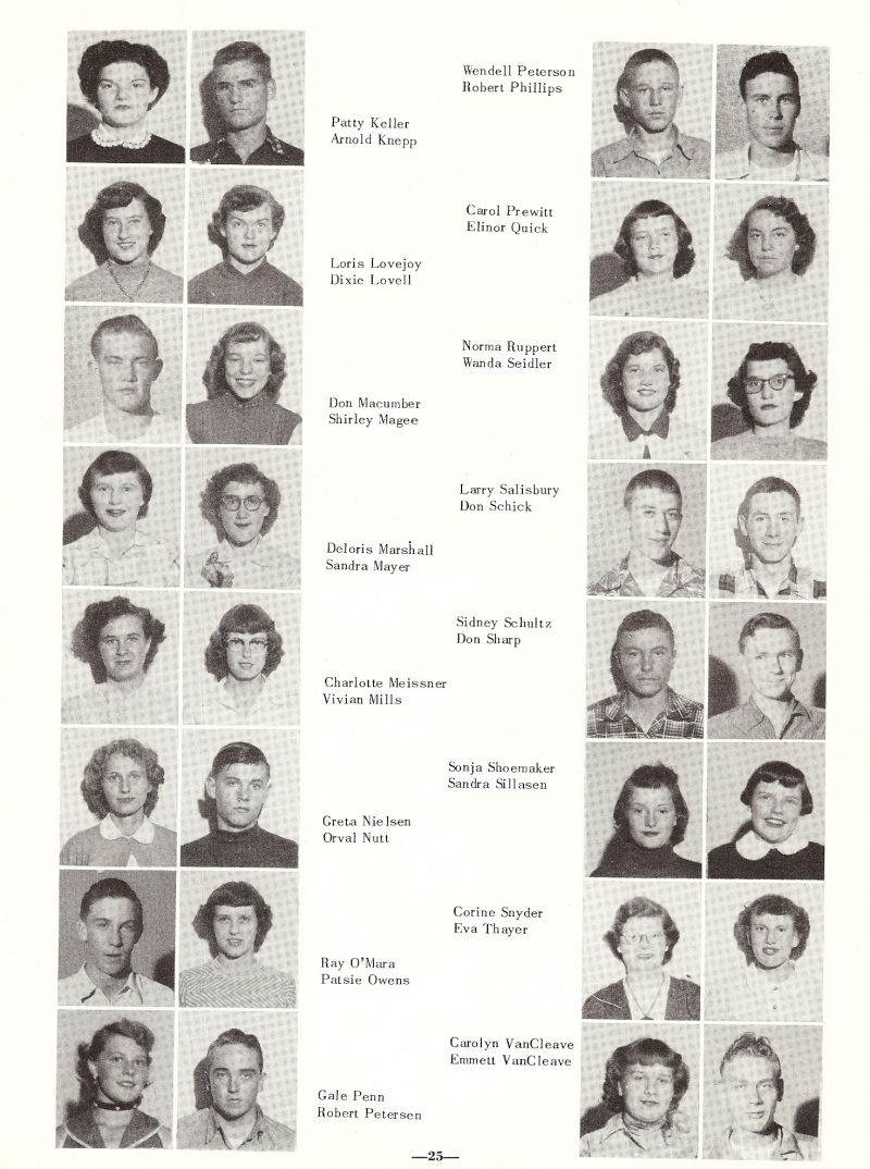 1954 Wendell Peterson, Robert Phillips, Patty Keller, Arnold Knepp, Carol Prewitt, Elinor Quick, Loris Lovejoy, Dixie Lovell, Norma Ruppert, Wanda Seidler, Don Macumber, Shirley Magee, Larry Salisbury, DonSchick, Deloris Marshall, Sandra Mayer, Sidney Schultz, Don Sharp, Charlotte Meissner, Vivian Mills, Sonja Shoemaker, Sandra Sillaxen, Greta Nielsen, Orval Nutt, Corine Snyder, Eva Thayer, Roy O'Mara, Patsie Owens, Carolyn Van Cleave, Carolyn VanCleave, Emmett Van Cleave, Emmett VanCleave, Gale Penn, Robert Petersen, 