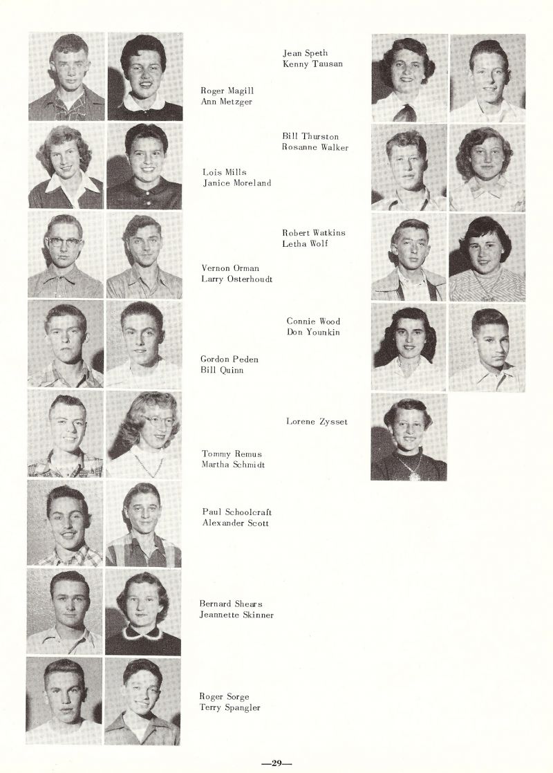 1954 Jean Speth, Kenny Tausan, Roger Magill, Ann Metzger, Bill Thurston, Rosanne Walker, Lois MIlls, Janice Moreland, Robert Watkins, Letha Wolf, Vernon Orman, Larry Osterhoudt, Connie Wood, Don Younkin, Gordon Peden, Bill Quinn, Lorene Zysset, Tommy Remus, Martha Schmidt, Paul Schoolcraft, Alexander Scott, Bernard Sherars, Jeannette Skinner, Roger Sorge, Terry Spangler, 