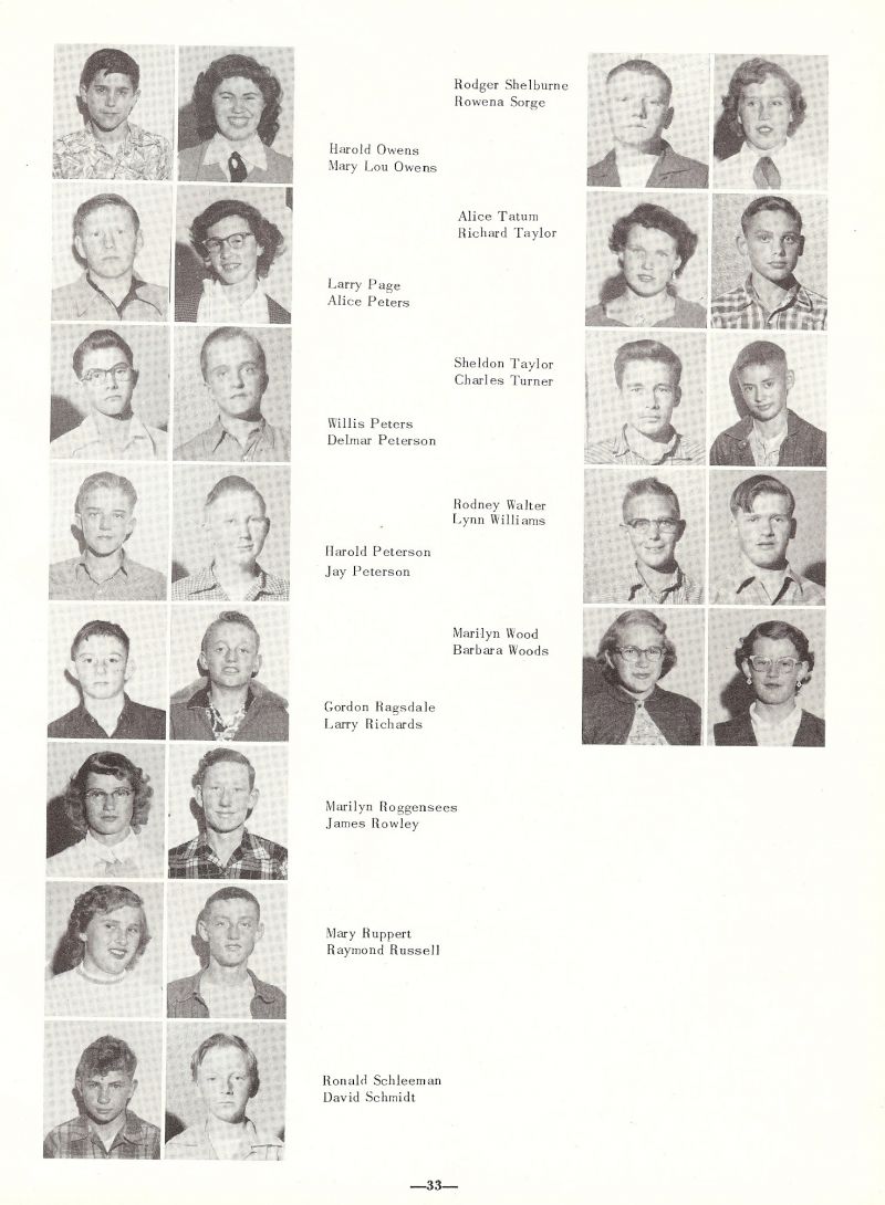 1954 Rodger Shelburne, Rowena Sorge, harold Owens, Mary Lou Owens, Alice Tatum, Richard Taylor, Larry Page, Alice Peters, Sheldon Taylor, Charles Turner, Willis Peters, Delmar Peterson, Rodney Walter, Lynn Williams, Harold Peterson, Jay Peterson, Marilyn Wood, Barbara Woods, Gordon Ragsdale, Larry Richards, Marilyn Roggensees, James Rowley, Mary Ruppert, Raymond Russell, Ronald Schleeman, David Schmidt,