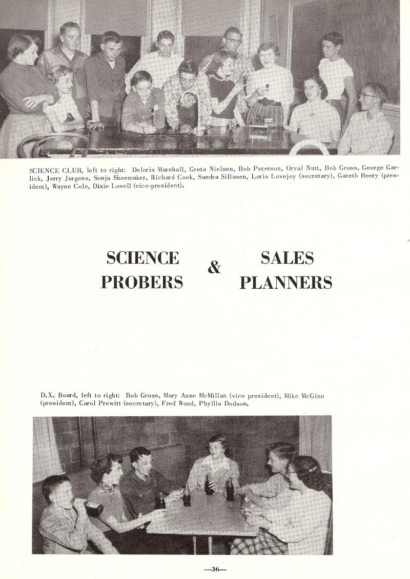1954 Deloris Marshall, Greta Nielsen, Bob Peterson, Orval Nutt, Bob Gross, George Garlick, Jerry Jurgens, Sonja Shoemaker, Richard Cook, Sandra Sillasen, Loris Lovejoy, Gareth Beery, Wayne Cole, Dixie Lovell, Bob Gross, Mary Anne McMillan, Mike McGinn, Carl Prewitt, Fred Wood, Phyllis Dodson,   