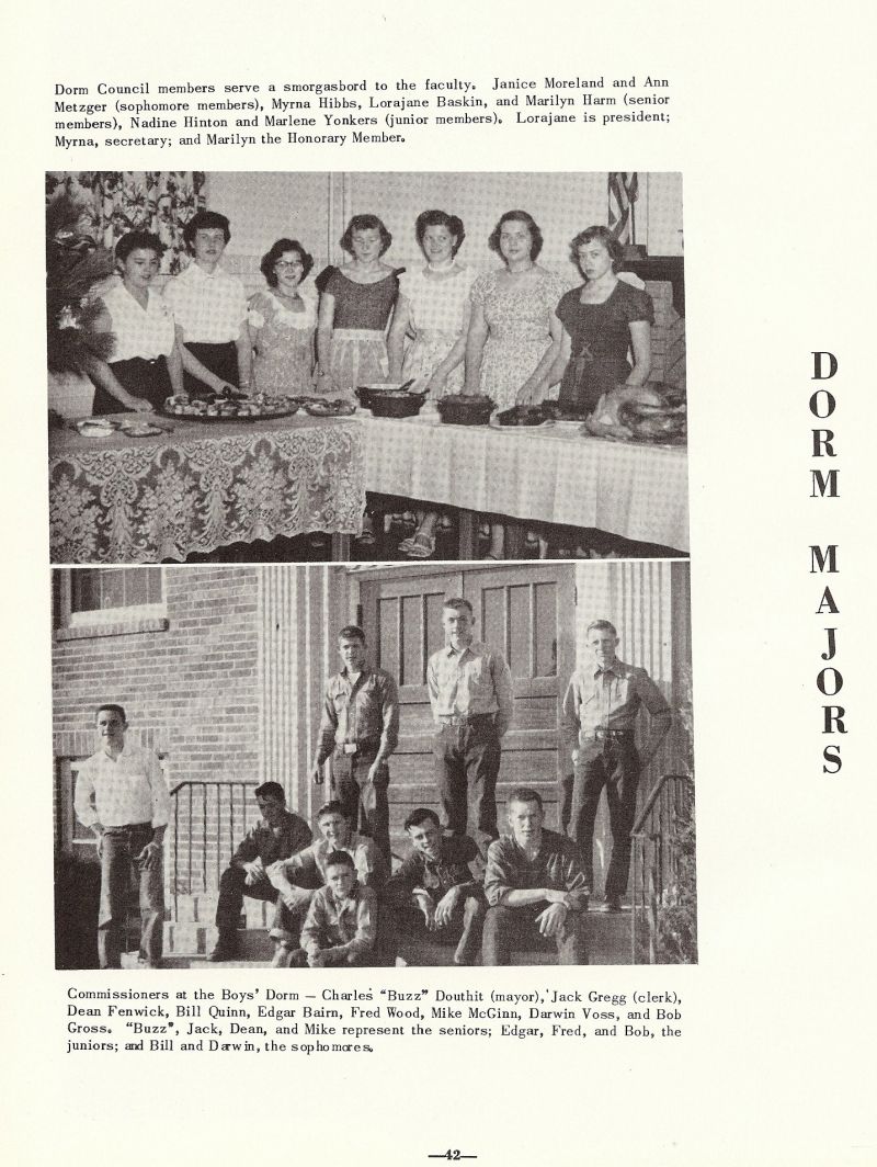 1954 Janice Moreland, Ann Metzger, Myrna Hibbs, Lorajane Baskin, Marilyn Harm, Nadine Hinton, Marlene Yonkers, Charles Douthit, Buzz Douthit, Jack Gregg, Dean Fenwick, Bill Quinn, Edgar Bairn, Fred Wood, Mike McGinn, Darwin Voss, Bob Gross, 