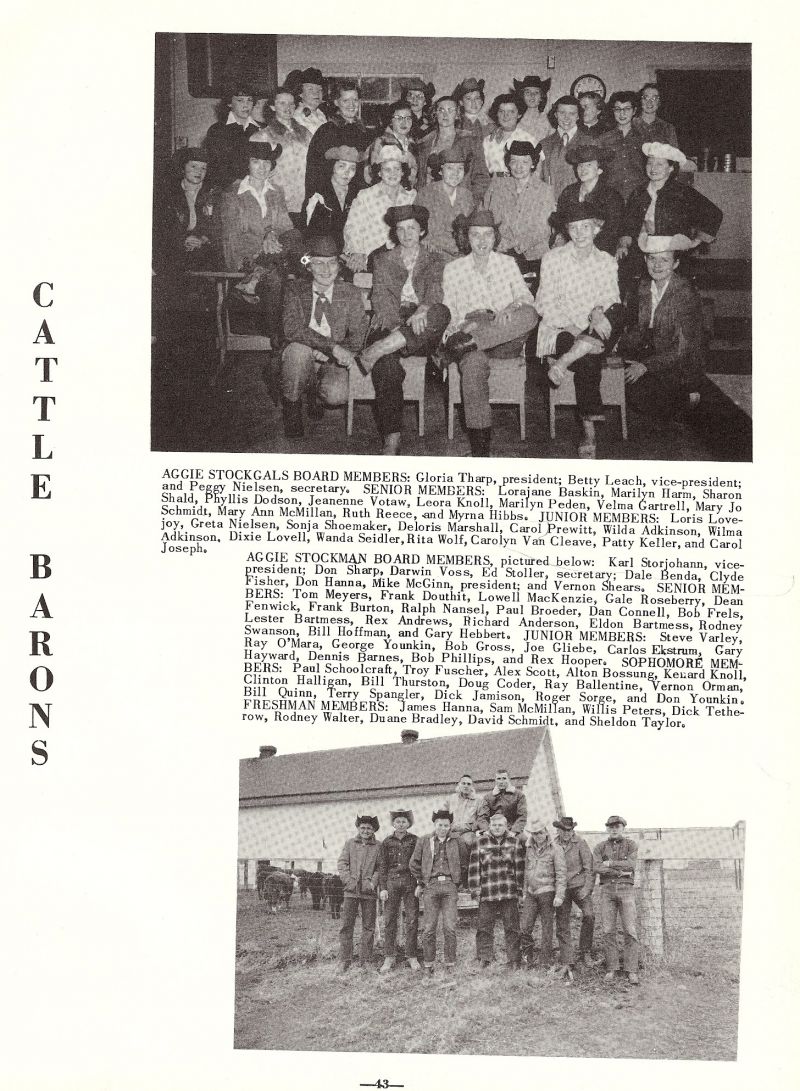 1954 Gloria Tharp, Betty Leach, Peggy Nielsen, Lorajane Baskin, Marilyn Harm, Sharon Shald, Phyllis Dodson, Jeanenne Votaw, Leora Knoll, Marilyn Peden, Velma Gartrell, Mary Jo Schmidt, Mary Ann McMillan, Ruth Reece, Myrna Hibbs, Loris Lovejoy, Greta Nielsen, Sonja Shoemaker, Deloris Marchall, Carol Prewitt, Wilda Adkinson, Wilma Adkinson, Dixie Lovell, Wanda Seidler, Rita Wolf, Carolyn Van Cleave, Patty Keller, Carol Joseph, Karl Storjohann, Don Sharp, Darwin Voss, Ed Stoller, Dale Benda, Clyde Fisher, Don Hanna, Mike McGinn, Vernon Shears, Tom Myers, Frank Douthit, Lowell MacKenzie, Gale Roseberry, Dean Fenwick, Frank Burton, Ralph Nansel, Paul Broeder, Dan Connell, Bob Frels, Lester Bartmess, Rex Andrews, Richard Anderson, Eldon Bartmess, Rodney Swanson, Bill Hoffman, Gary Hebbert, Steve Varley, Ray O'Mara, George Younkin, Bob Gross, Joe Gliebe, Carlos Ekstrum, Gary Hayward, Dennis Barnes, Bob Phillips, Rex Hooper, Paul Schoolcraft, Troy Fuscher, Alex Scott, Alton Bossung, Kenard Knoll, Clinton Halligan, Bill Thruston, Doug Coder, Ray Ballentine, Vernon Orman, Bill Quinn, Terry Spangler, Dick Jamison, Roger Sorge, Don Younkin, James Hanna, Sam McMillan, Willis Peters, Dick Tetherow, Rodney Walter, Duane Bardley, David Schmidt, Sheldon Taylor,       