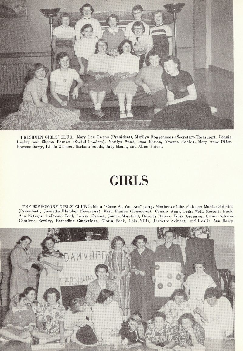 1954 Mary Lou Owens, Marilyn Roggensees, Connie Loghry, Sharon Barnes, Marilyn Wood, Irma Burton, Yvonne Hosick, Mary Anne Pifer, Rowena Sorge, Linda Gamber, Barbara Woods, Judy Mount, Alice Tatum, Martha Schmidt, Jeanette Fletcher, Enid Barnes, Connie Wood, Letha Wolf, Marietta Bush, Ann Metzger, LaDonna Cool, Lorene Zysset, Janice Moreland, Beverly Harms, Doris Greenlee, Leona Allison, Leslie Ann Beery, Jeanette Skinner, Lois Mills, Gloria Beck, Charlene Rowley, Bernadine Gutherless,    
