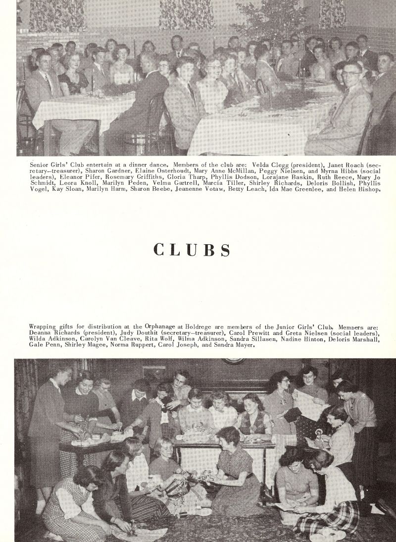 1954 Velda Clegg, Janet Roach, Sharon Gardner, Elaine Osterhoudt, Mary Anne McMillan, Peggy Nielsen, Myrna Hibbs, Eleanor Pifer, Rosemary Griffiths, Glaria Tharp, Phyllis Dodson, Lorajane Raskin, Ruth Reece, Mary Jo Schmidt, Leora Knoll, Marilyn Peden, Belma Gartrell, Marcia Tiller, Shirley Richards, Deloris Bollish, Phyllis Vogel, Kay Sloan, Marilyn Harm, Sharon Beebe, Jeanenne Votaw, Betty Leach, Ida Mae Greenlee, Helen Bishop, Deanna Richards, Judy Douthit, Carol Prewitt, Greta Nielsen, Wilda Adkinson, Carolyn Van Cleave, Rita Wolf, Wilma Adkinson, Sandra Sillasen, Nadine Hinton, Deloris Marshall, Gale Penn, Shirley Magee, Norma Ruppert, Carol Joseph, Sandra Mayer,   