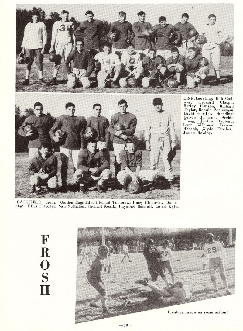 1954 Gordon Ragsdale, Richard Tetherow, Larry Richards, Ellis Fletcher, Sam McMillan, Richard Kozik, Raymond Russell, Coach Kyle. Bob Gadway, Leonard Clough, Harley Hansen, Richard Taylor, Ronald Schleeman, David Schmidt, Beryle Jamison, Archie Clegg, Jackie Hubbard, Lynn Williams, Francis Hircock, Clyde Fischer, James Rowley,