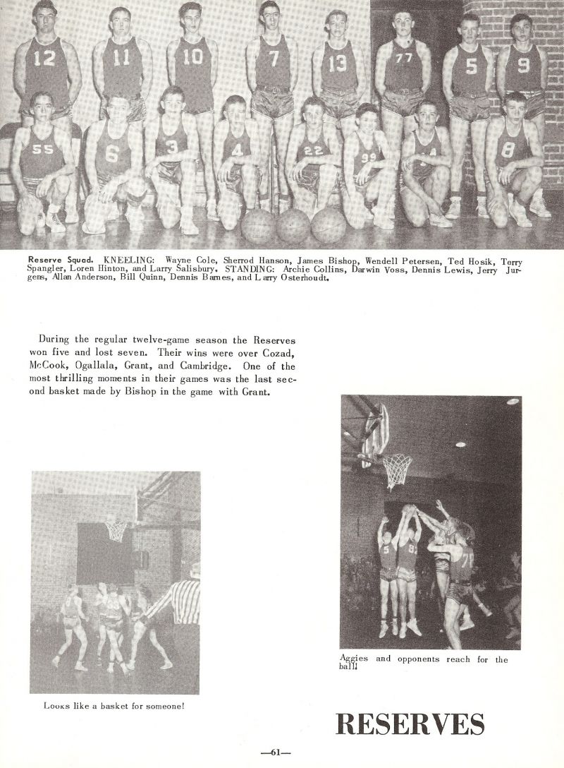 1954 Wayne Cole, Sherrod Hanson, James Bishop, Jim Bishop, Wendell Petersen, Ted Hosik, Terry Spangler, Loren Hinton, Larry Salisbury, Archie Collins, Darwin Voss, Dennis Lewis, Jerry Jurgens, Allan Anderson, Bill Quinn, Dennis Barnes, Larry Osterhoudt,
