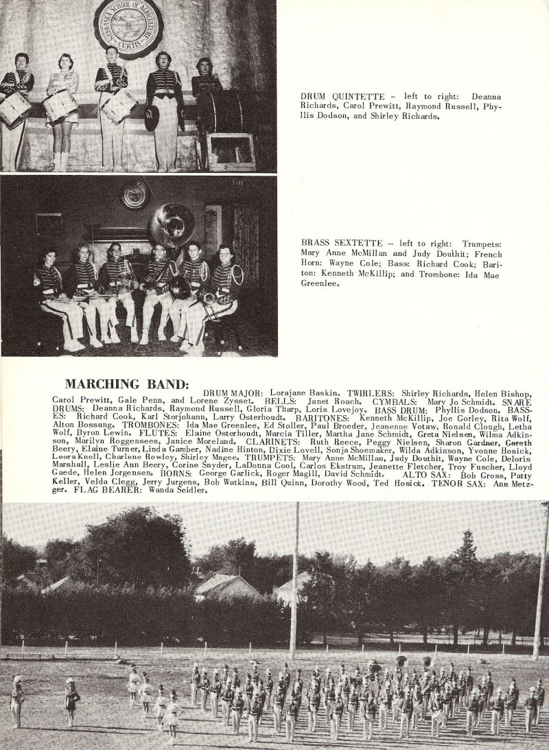 1954 Mary Anne McMillan, Judy Douthit, Wayne Cole, Richard Cook, Kenneth McKillip, Ida Mae Greenlee, Lorajane Baskin, Shirley Richards, Helen Bishop, Carol Prewitt, Gale Penn, Lorene Zysset, Janet Roach, Mary Jo Schmidt, Deanna Richards, Raymond Russell, Gloria Tharp, Loris Lovejoy, Phyllis Dodson, Richard Cook, Karl Storjohann, Larry Ostehoudt, Kenneth McKillip, Joe Gorley, Rita Wolf, Alton Bossung, Ida Mae Greenlee, Ed Stoller, Paul Broeder, Jeanenne Votaw, Ronald Clough, Letha Wolf, Byron Lewin, Elaine Osterhoudt, Marcia Tiller, Martha Jane Schmidt, Greta Nielsen, Wilma Adkinson, Marilyn Roggensees, Janice Moreland, Ruth Reece, Peggy Nielsen, Sharon Gardner, Gareth Beery, Elaine Turner, Linda Gamber, Nadine Hinton, Dixie Lovell, Sonja Shoemaker, Wilda Adkinson, Yvonne Hosick, Leonra Knoll, Charlene Rowley, Shirley Magee, Mary Anne McMillan, Judy Douthit, Wayne Cole, Deloris Marshall, Leslie Ann Beery, Corine Snyder, LaDonna Cool, Carlos Ekstrum, Jeanette Fletcher, Froy Fuscher, Lloyd  Gaede, Helen Jorgensen, George Garlick, Roger Magill David Schmidt, Bob Gross, Patty Keller, Ann Metzger, Wanda Seidler, Velda Clegg, Jerry Jurgens, Bob Watkins, Bill Quinn, Dorothy Wood, Ted Hosick, 